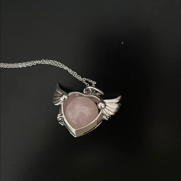 Silver Angel Heart Necklace with Rose Quartz Crystal Stone Pendant - Picture 2 of 3